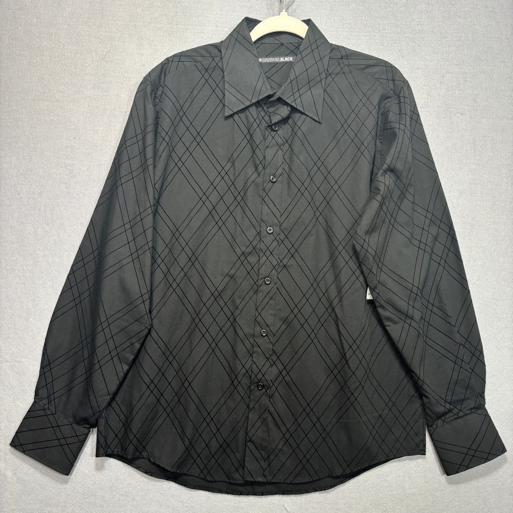 New Carbon Black Mens Large Long Sleeve Button Down Shirt Black Grid Pattern